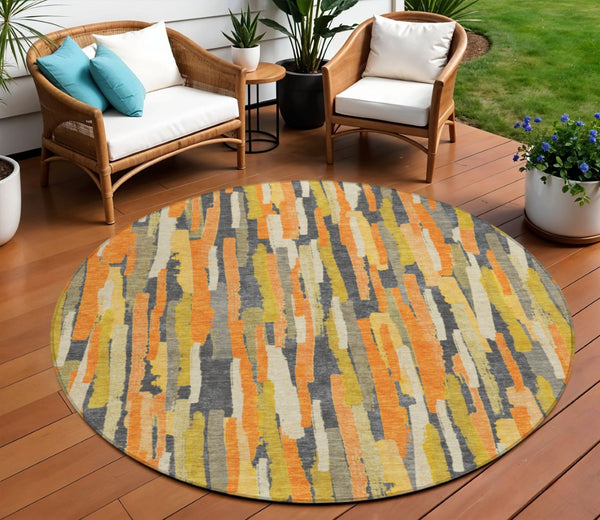 HomeRoots 5' Vibrant Orange and Beige Striped Washable Area Rug – Durable, Stylish for Indoor/Outdoor Spaces 8' Round 609044