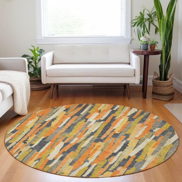 HomeRoots 5' Vibrant Orange and Beige Striped Washable Area Rug – Durable, Stylish for Indoor/Outdoor Spaces 8' Round 609044