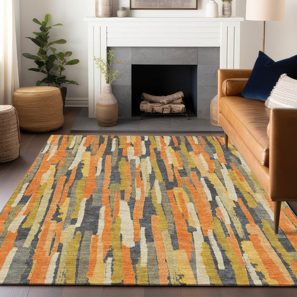 HomeRoots 5' Vibrant Orange and Beige Striped Washable Area Rug – Durable, Stylish for Indoor/Outdoor Spaces 9' X 12' 609046