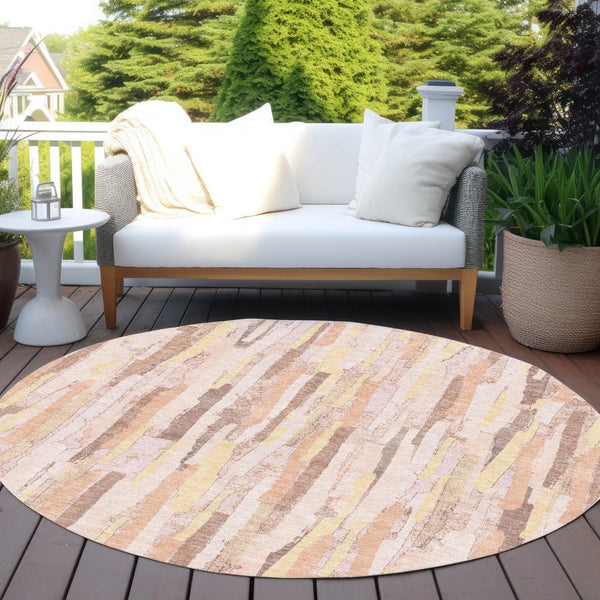HomeRoots 5' Pink and Beige Striped Washable Area Rug – Stylish, Durable Design for Indoor and Outdoor Spaces 8' Round 609050