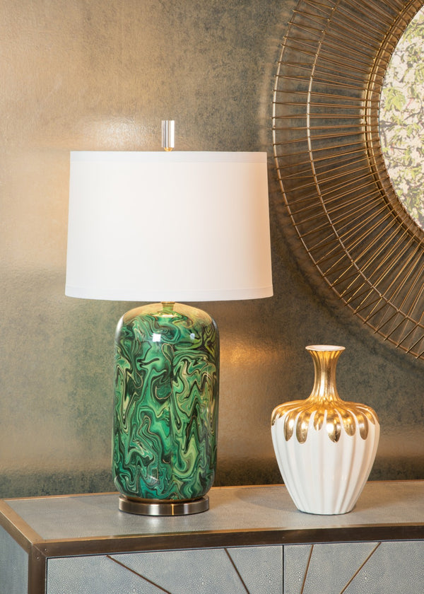 Wildwood Newport Elegant Faux Emerald Marble Table Lamp With Antique Brass Accents, 30.5" Tall, Durable Ceramic Finish 60906