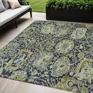 HomeRoots 5' Timeless Fern Green and Blue Damask Area Rug - Durable, Washable Design for Indoor and Outdoor Use 5' X 8' 609067