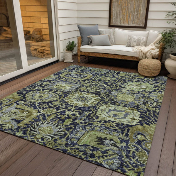 HomeRoots 5' Timeless Fern Green and Blue Damask Area Rug - Durable, Washable Design for Indoor and Outdoor Use 5' X 8' 609067