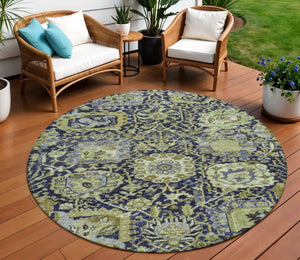 HomeRoots 5' Timeless Fern Green and Blue Damask Area Rug - Durable, Washable Design for Indoor and Outdoor Use 8' Round 609068
