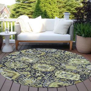 HomeRoots 5' Timeless Fern Green and Blue Damask Area Rug - Durable, Washable Design for Indoor and Outdoor Use 8' Round 609068