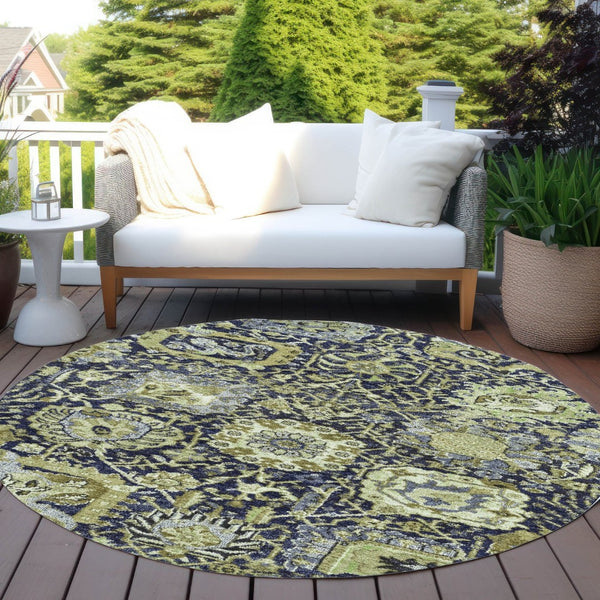 HomeRoots 5' Timeless Fern Green and Blue Damask Area Rug - Durable, Washable Design for Indoor and Outdoor Use 8' Round 609068