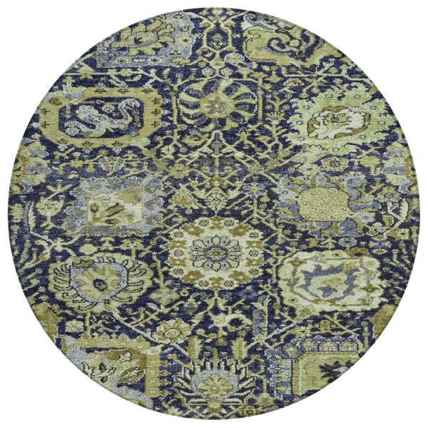 HomeRoots 5' Timeless Fern Green and Blue Damask Area Rug - Durable, Washable Design for Indoor and Outdoor Use 8' Round 609068