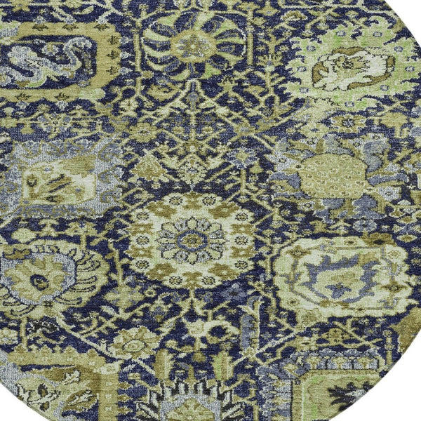 HomeRoots 5' Timeless Fern Green and Blue Damask Area Rug - Durable, Washable Design for Indoor and Outdoor Use 8' Round 609068