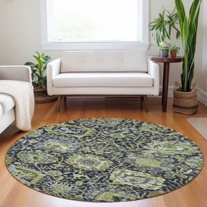 HomeRoots 5' Timeless Fern Green and Blue Damask Area Rug - Durable, Washable Design for Indoor and Outdoor Use 8' Round 609068