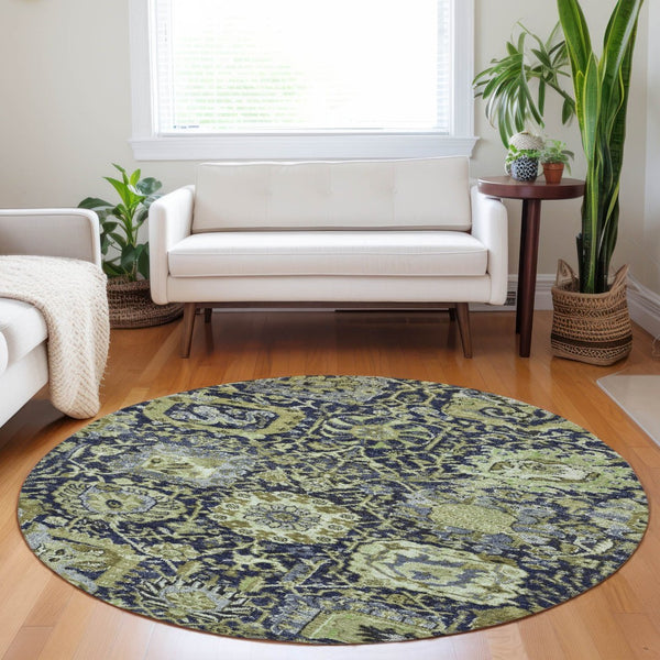 HomeRoots 5' Timeless Fern Green and Blue Damask Area Rug - Durable, Washable Design for Indoor and Outdoor Use 8' Round 609068