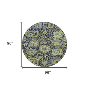 HomeRoots 5' Timeless Fern Green and Blue Damask Area Rug - Durable, Washable Design for Indoor and Outdoor Use 8' Round 609068