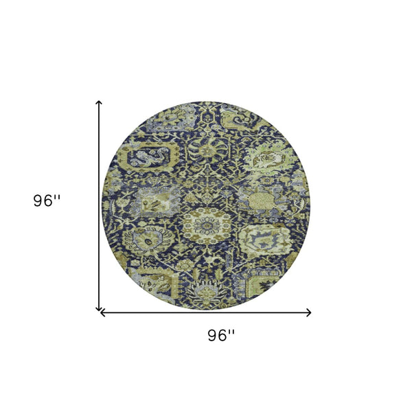 HomeRoots 5' Timeless Fern Green and Blue Damask Area Rug - Durable, Washable Design for Indoor and Outdoor Use 8' Round 609068