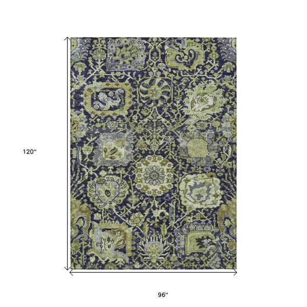 HomeRoots 5' Timeless Fern Green and Blue Damask Area Rug - Durable, Washable Design for Indoor and Outdoor Use 8' X 10' 609069