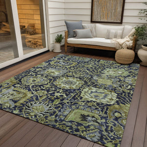HomeRoots 5' Timeless Fern Green and Blue Damask Area Rug - Durable, Washable Design for Indoor and Outdoor Use 8' X 10' 609069