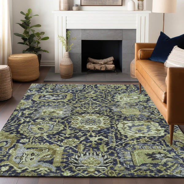 HomeRoots 5' Timeless Fern Green and Blue Damask Area Rug - Durable, Washable Design for Indoor and Outdoor Use 8' X 10' 609069
