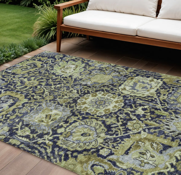 HomeRoots 5' Timeless Fern Green and Blue Damask Area Rug - Durable, Washable Design for Indoor and Outdoor Use 9' X 12' 609070