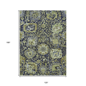 HomeRoots 5' Timeless Fern Green and Blue Damask Area Rug - Durable, Washable Design for Indoor and Outdoor Use 10' X 14' 609071