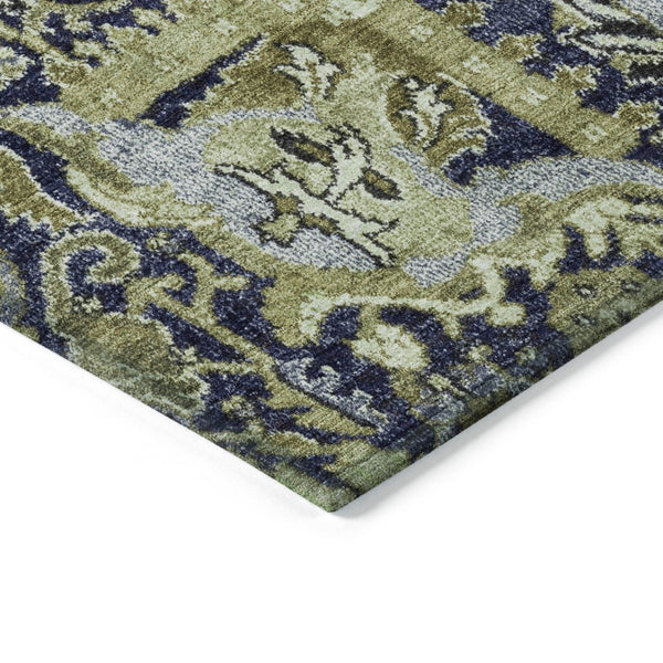 HomeRoots 5' Timeless Fern Green and Blue Damask Area Rug - Durable, Washable Design for Indoor and Outdoor Use 10' X 14' 609071