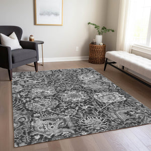 HomeRoots 5' Timeless Gray Damask Indoor Outdoor Area Rug - Elegant, Washable, Durable for Any Space 5' X 8' 609073