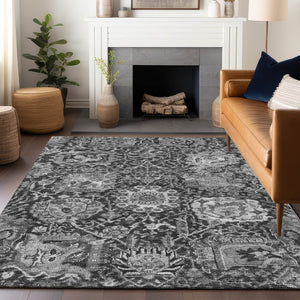 HomeRoots 5' Timeless Gray Damask Indoor Outdoor Area Rug - Elegant, Washable, Durable for Any Space 9' X 12' 609076