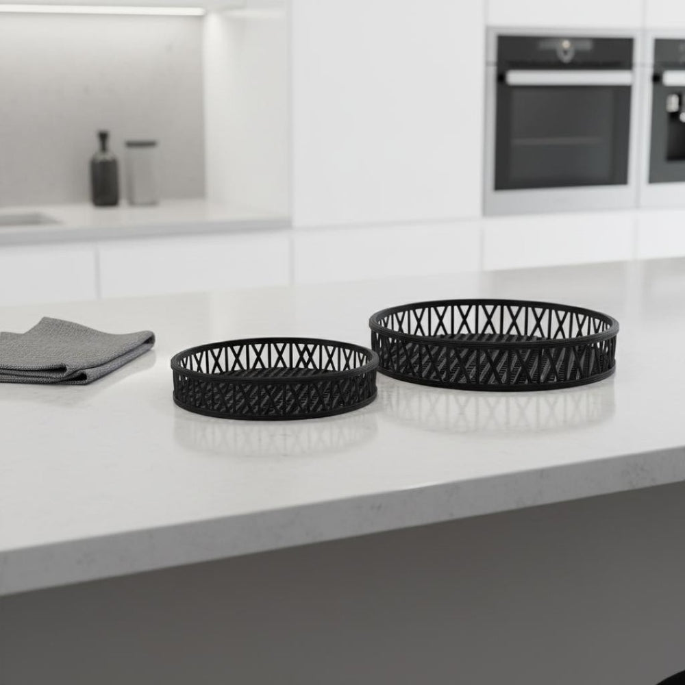 HomeRoots Set of Two Black Round Wicker Serving Trays - Handcrafted Decor for Modern & Boho Interiors, Gift-Ready! 609079