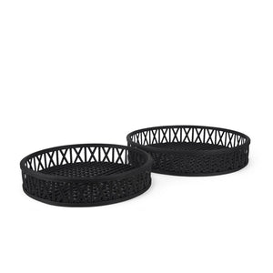 HomeRoots Set of Two Black Round Wicker Serving Trays - Handcrafted Decor for Modern & Boho Interiors, Gift-Ready! 609079