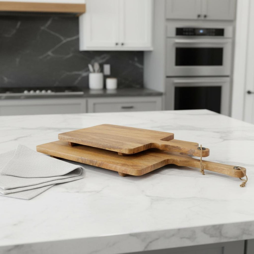 HomeRoots Set of Two Handcrafted Mango Wood Serve Boards with Handles for Elegant Entertaining & Gifts 609082