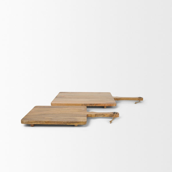 HomeRoots Set of Two Handcrafted Mango Wood Serve Boards with Handles for Elegant Entertaining & Gifts 609082