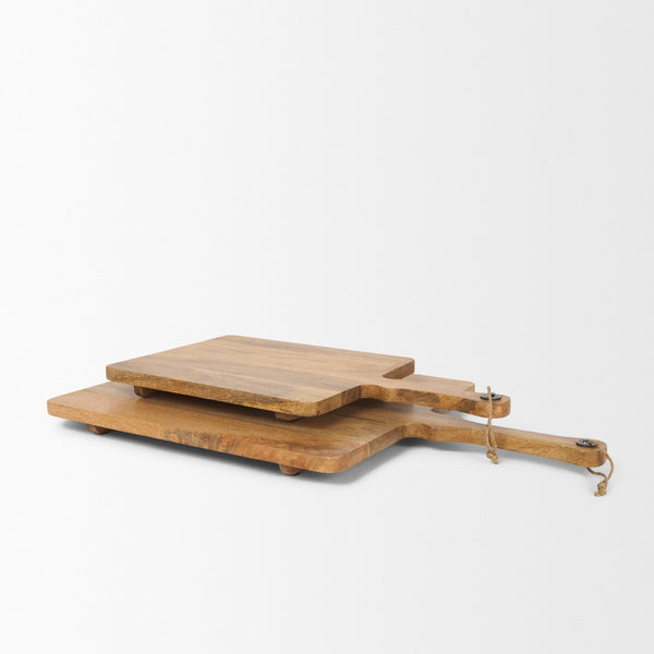 HomeRoots Set of Two Handcrafted Mango Wood Serve Boards with Handles for Elegant Entertaining & Gifts 609082