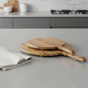 HomeRoots Set of Two Handmade Round Mango Wood Serve Boards with Handles - Perfect for Charcuterie & More! 609083