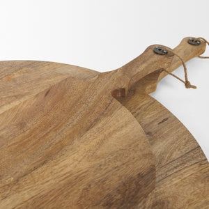 HomeRoots Set of Two Handmade Round Mango Wood Serve Boards with Handles - Perfect for Charcuterie & More! 609083