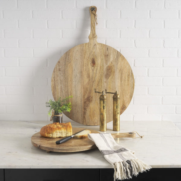 HomeRoots Set of Two Handmade Round Mango Wood Serve Boards with Handles - Perfect for Charcuterie & More! 609083