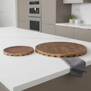 HomeRoots Set of Two Handmade Natural Light Brown Round Wood Serving Trays for Rustic Home Décor Display 609085