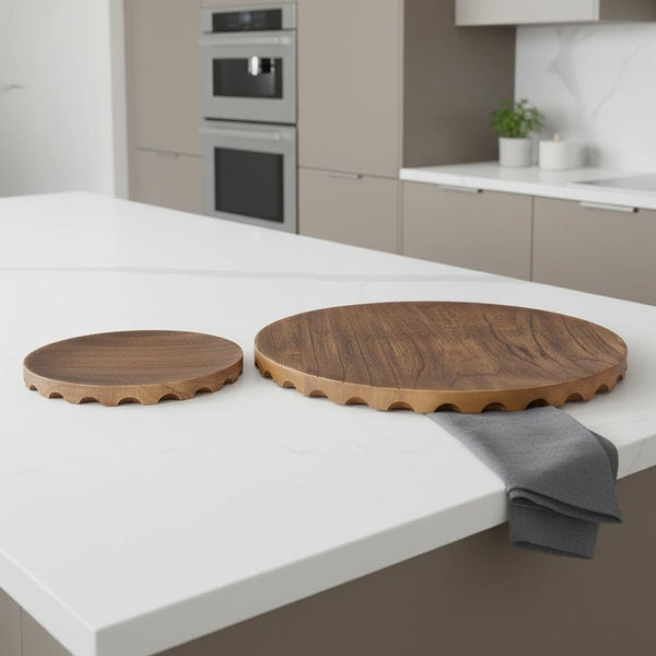 HomeRoots Set of Two Handmade Natural Light Brown Round Wood Serving Trays for Rustic Home Décor Display 609085