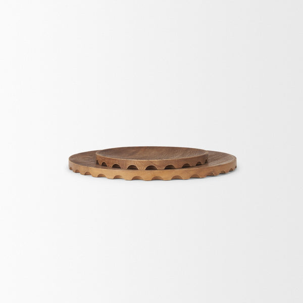 HomeRoots Set of Two Handmade Natural Light Brown Round Wood Serving Trays for Rustic Home Décor Display 609085