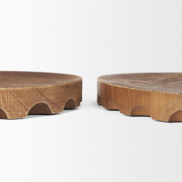 HomeRoots Set of Two Handmade Natural Light Brown Round Wood Serving Trays for Rustic Home Décor Display 609085