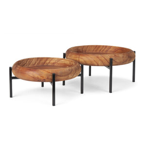 HomeRoots Set of Two Rustic Handmade Mango Wood Round Serving Trays with Stylish Black Metal Stands 609086