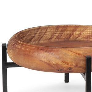 HomeRoots Set of Two Rustic Handmade Mango Wood Round Serving Trays with Stylish Black Metal Stands 609086