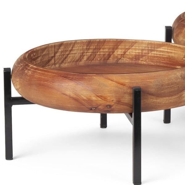 HomeRoots Set of Two Rustic Handmade Mango Wood Round Serving Trays with Stylish Black Metal Stands 609086