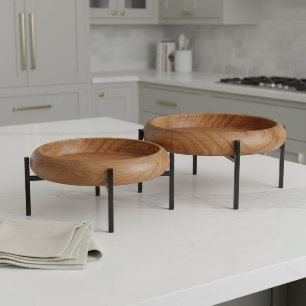 HomeRoots Set of Two Rustic Handmade Mango Wood Round Serving Trays with Stylish Black Metal Stands 609086