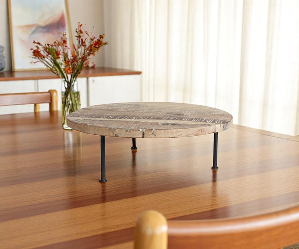 Homeroots 20" Rustic Light Brown & Black Solid Wood Handmade Round Riser Tray For Stylish Home Decor Display   609088