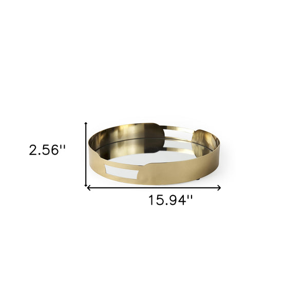 Homeroots 16" Gold Metal And Mirrored Glass Handmade Round Serving Tray – Elegant Decor For Any Space!   609090