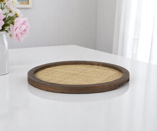 Homeroots 16" Brown Natural Wood & Wicker Handmade Round Serving Tray - Stylish Decor For Any Home!   609092