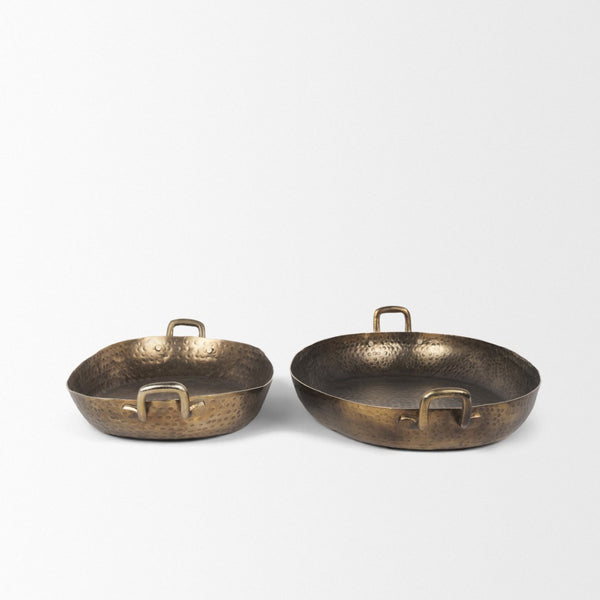HomeRoots Set of Two Elegant Gold Oval Metal Handmade Serving Trays with Handles for Stylish Home Decor 609097