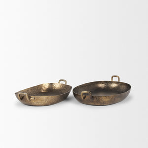 HomeRoots Set of Two Elegant Gold Oval Metal Handmade Serving Trays with Handles for Stylish Home Decor 609097