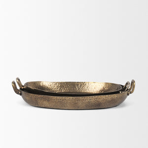 HomeRoots Set of Two Elegant Gold Oval Metal Handmade Serving Trays with Handles for Stylish Home Decor 609097