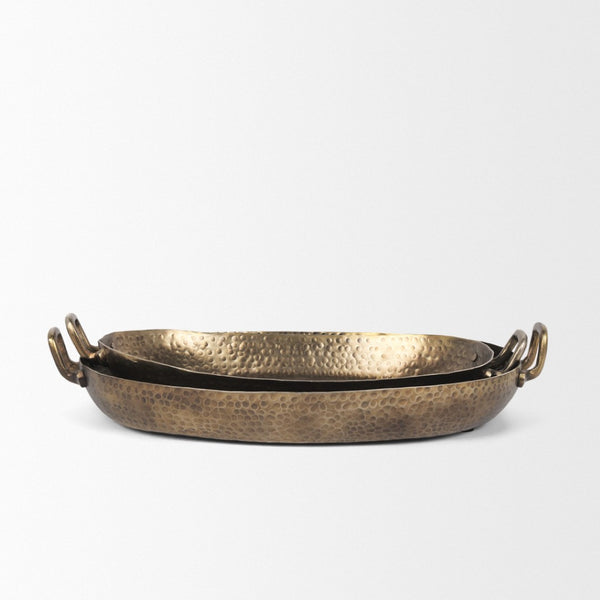 HomeRoots Set of Two Elegant Gold Oval Metal Handmade Serving Trays with Handles for Stylish Home Decor 609097