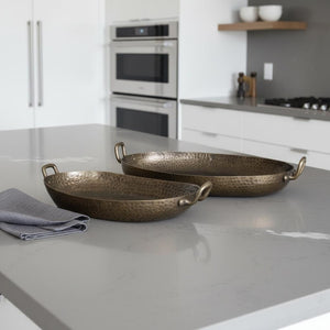 HomeRoots Set of Two Elegant Gold Oval Metal Handmade Serving Trays with Handles for Stylish Home Decor 609097