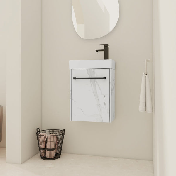 English Elm 16'' Floating Wall-Mounted Bathroom Vanity with Ceramic Basin, Soft-Close Door, Water-Resist Finish White W999P236337