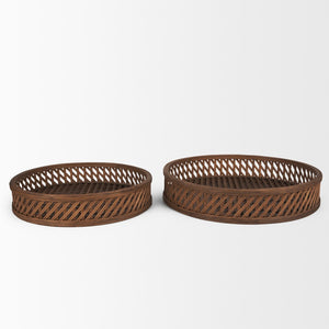 HomeRoots Set of Two Elegant Handmade Brown Wicker Serving Trays for Stylish Home Décor & Display 609099